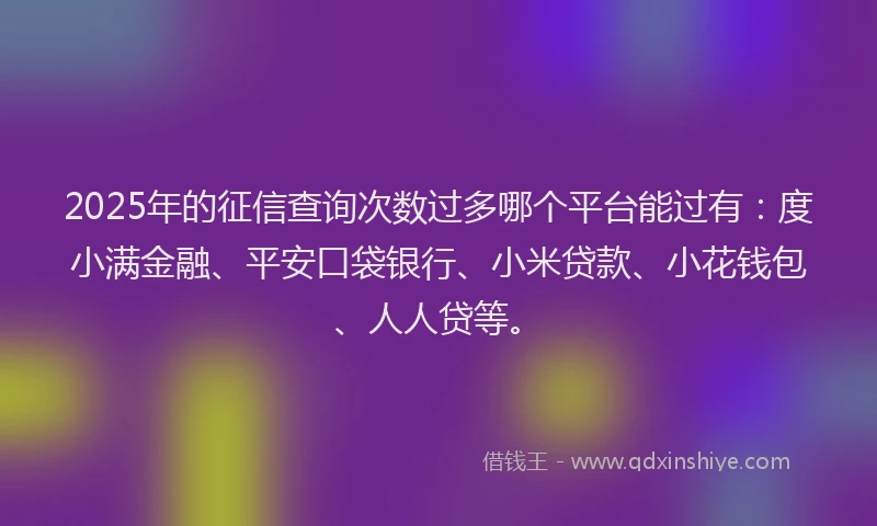 2025年的征信查询次数过多哪个平台能过有：度小满金融、平安口袋银行、小米贷款、小花钱包、人人贷等。