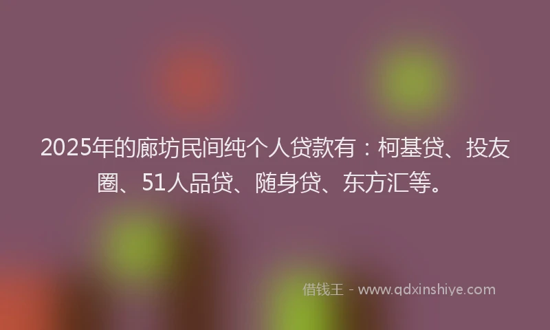 2025年的廊坊民间纯个人贷款有：柯基贷、投友圈、51人品贷、随身贷、东方汇等。