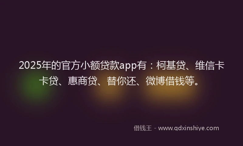 2025年的官方小额贷款app有：柯基贷、维信卡卡贷、惠商贷、替你还、微博借钱等。