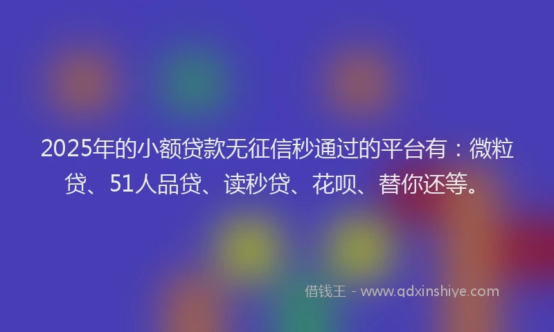 2025年的小额贷款无征信秒通过的平台有：微粒贷、51人品贷、读秒贷、花呗、替你还等。