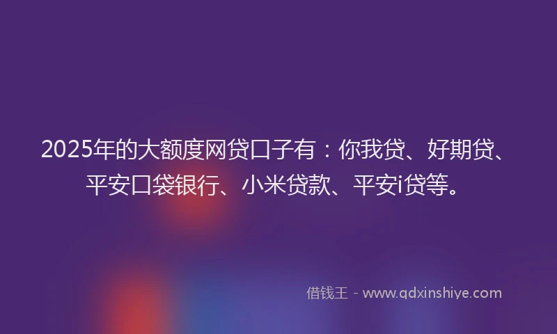 2025年的大额度网贷口子有：你我贷、好期贷、平安口袋银行、小米贷款、平安i贷等。