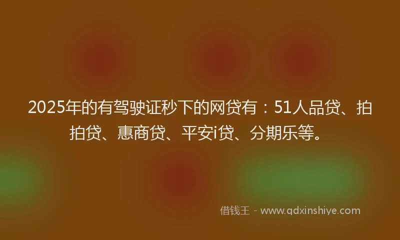 2025年的有驾驶证秒下的网贷有：51人品贷、拍拍贷、惠商贷、平安i贷、分期乐等。