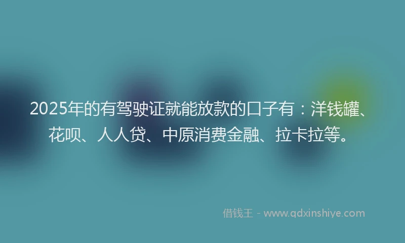 2025年的有驾驶证就能放款的口子有：洋钱罐、花呗、人人贷、中原消费金融、拉卡拉等。