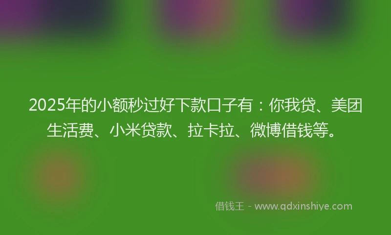 2025年的小额秒过好下款口子有：你我贷、美团生活费、小米贷款、拉卡拉、微博借钱等。