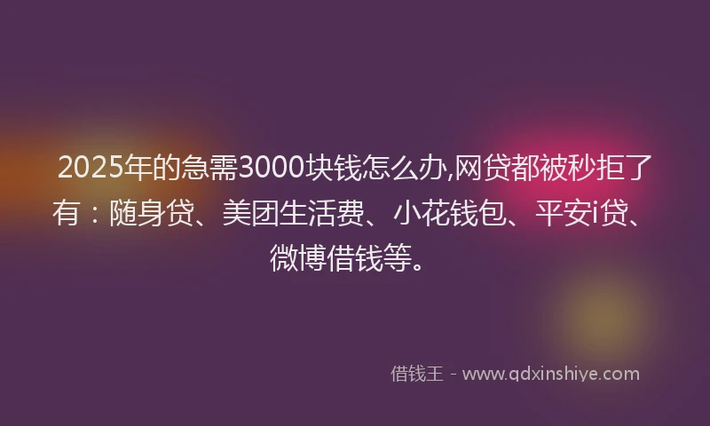 2025年的急需3000块钱怎么办,网贷都被秒拒了有：随身贷、美团生活费、小花钱包、平安i贷、微博借钱等。