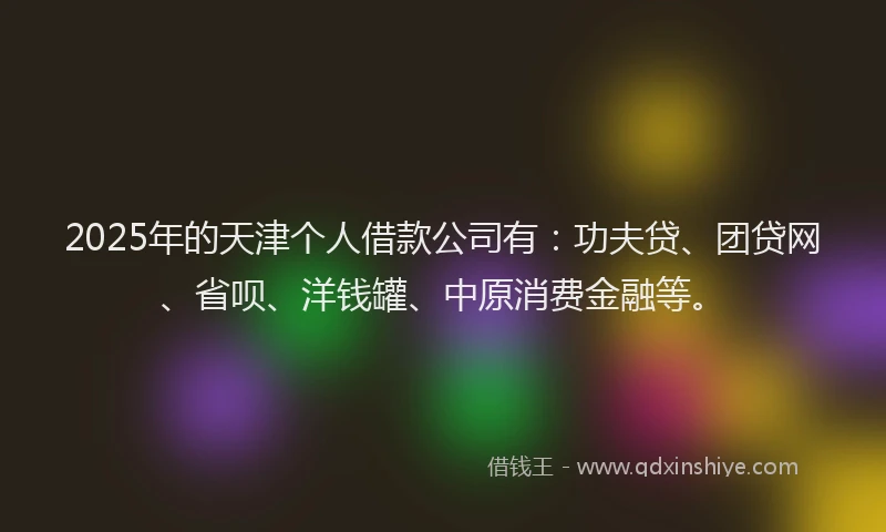 2025年的天津个人借款公司有：功夫贷、团贷网、省呗、洋钱罐、中原消费金融等。