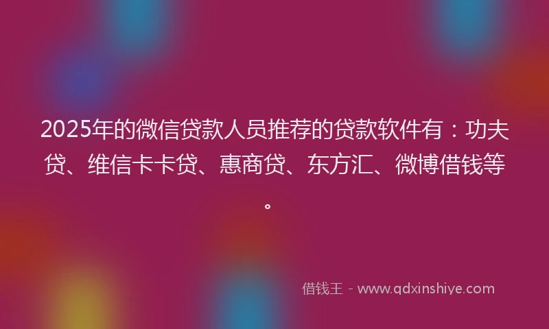 2025年的微信贷款人员推荐的贷款软件有：功夫贷、维信卡卡贷、惠商贷、东方汇、微博借钱等。