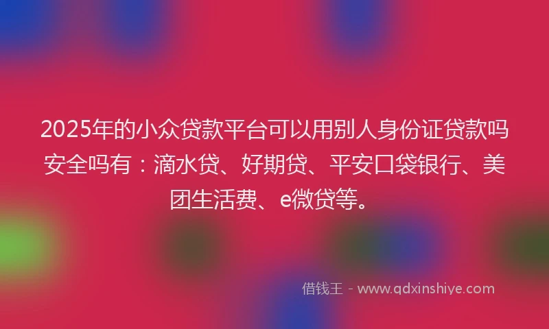 2025年的小众贷款平台可以用别人身份证贷款吗安全吗有：滴水贷、好期贷、平安口袋银行、美团生活费、e微贷等。