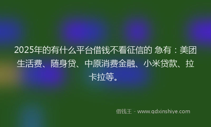 2025年的有什么平台借钱不看征信的 急有：美团生活费、随身贷、中原消费金融、小米贷款、拉卡拉等。
