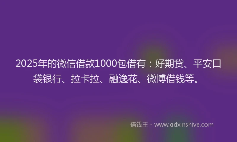 2025年的微信借款1000包借有：好期贷、平安口袋银行、拉卡拉、融逸花、微博借钱等。