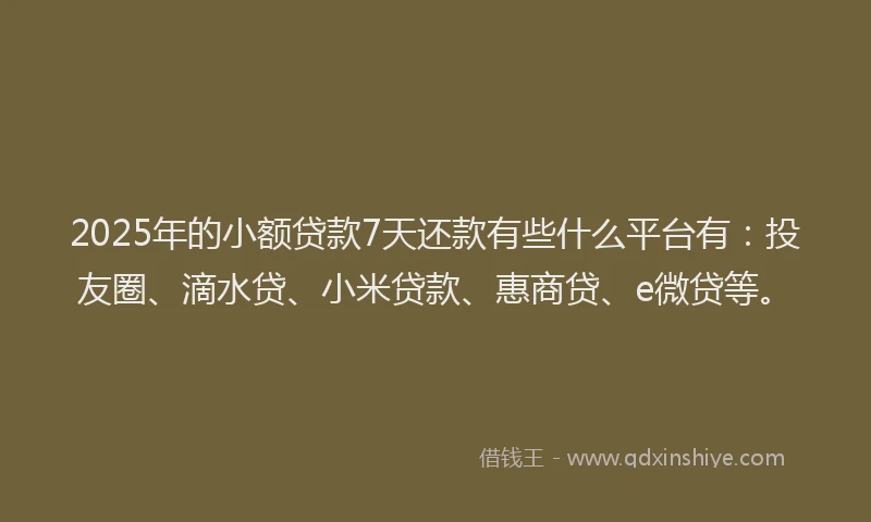 2025年的小额贷款7天还款有些什么平台有：投友圈、滴水贷、小米贷款、惠商贷、e微贷等。