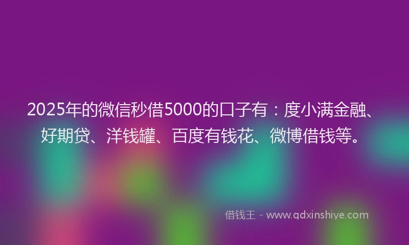 2025年的微信秒借5000的口子有：度小满金融、好期贷、洋钱罐、百度有钱花、微博借钱等。