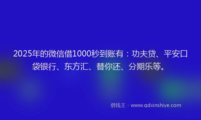 2025年的微信借1000秒到账有：功夫贷、平安口袋银行、东方汇、替你还、分期乐等。