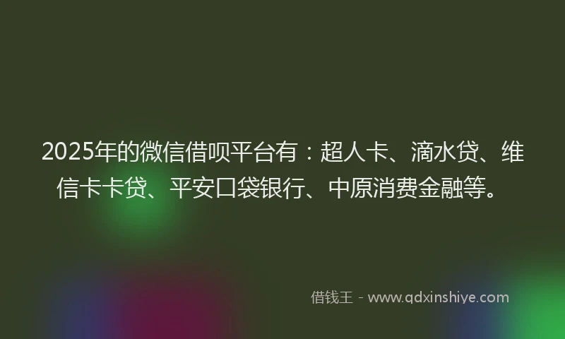 2025年的微信借呗平台有：超人卡、滴水贷、维信卡卡贷、平安口袋银行、中原消费金融等。
