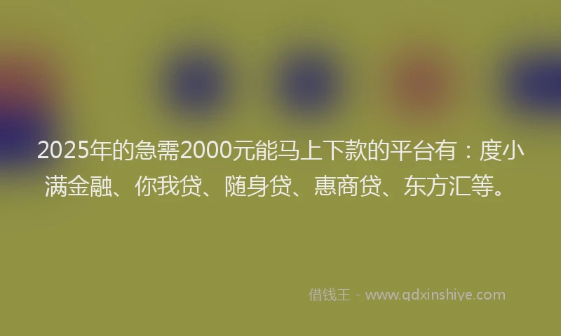 2025年的急需2000元能马上下款的平台有：度小满金融、你我贷、随身贷、惠商贷、东方汇等。