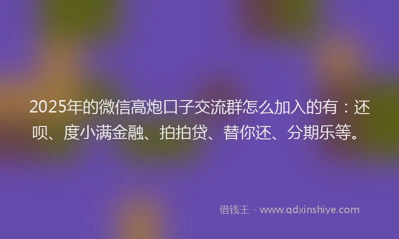 2025年的微信高炮口子交流群怎么加入的有：还呗、度小满金融、拍拍贷、替你还、分期乐等。