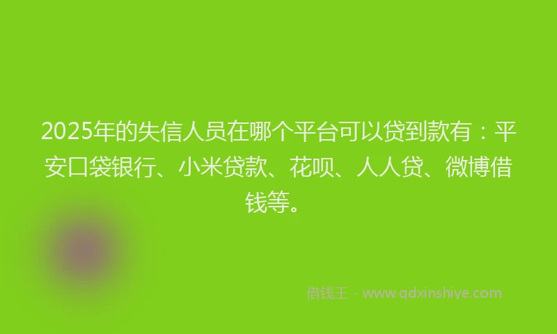2025年的失信人员在哪个平台可以贷到款有：平安口袋银行、小米贷款、花呗、人人贷、微博借钱等。