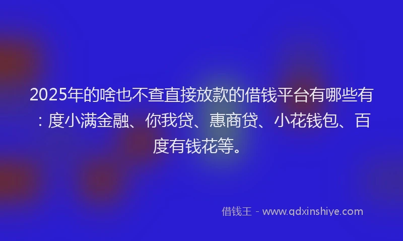 2025年的啥也不查直接放款的借钱平台有哪些有：度小满金融、你我贷、惠商贷、小花钱包、百度有钱花等。