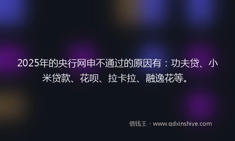 2025年的央行网申不通过的原因有：功夫贷、小米贷款、花呗、拉卡拉、融逸花等。