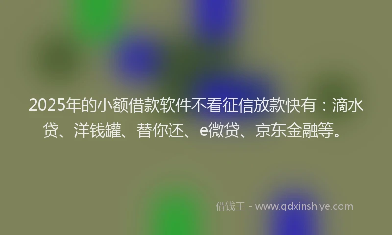 2025年的小额借款软件不看征信放款快有：滴水贷、洋钱罐、替你还、e微贷、京东金融等。