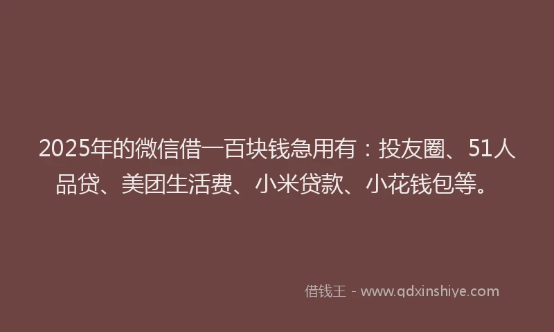 2025年的微信借一百块钱急用有：投友圈、51人品贷、美团生活费、小米贷款、小花钱包等。