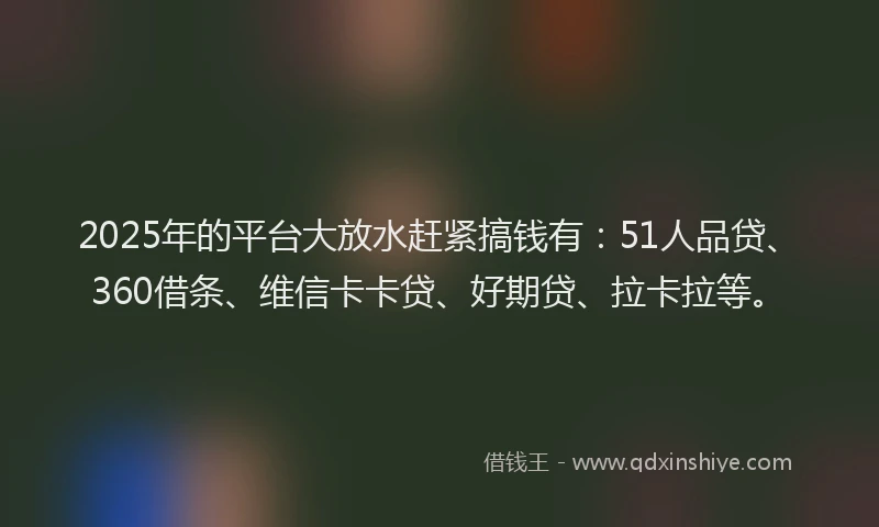 2025年的平台大放水赶紧搞钱有：51人品贷、360借条、维信卡卡贷、好期贷、拉卡拉等。