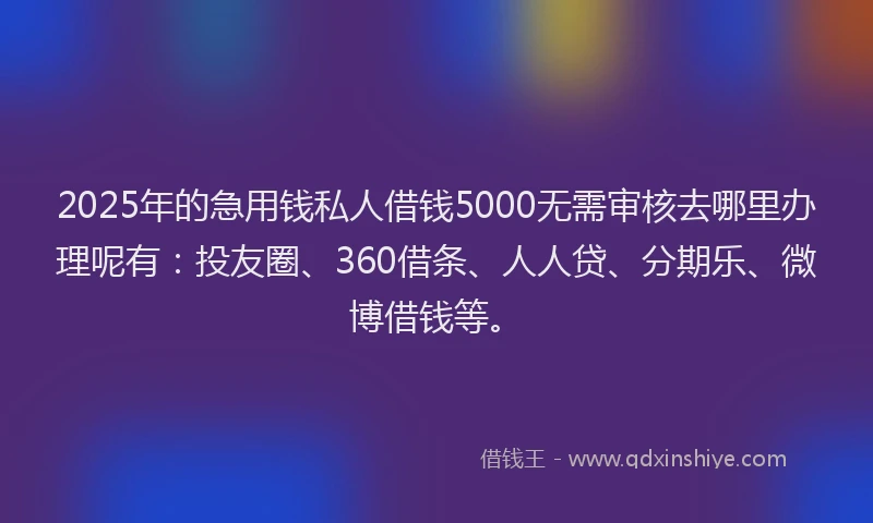 2025年的急用钱私人借钱5000无需审核去哪里办理呢有：投友圈、360借条、人人贷、分期乐、微博借钱等。