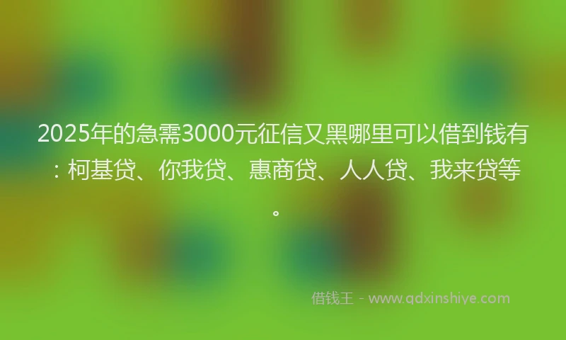 2025年的急需3000元征信又黑哪里可以借到钱有：柯基贷、你我贷、惠商贷、人人贷、我来贷等。