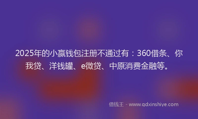 2025年的小赢钱包注册不通过有：360借条、你我贷、洋钱罐、e微贷、中原消费金融等。