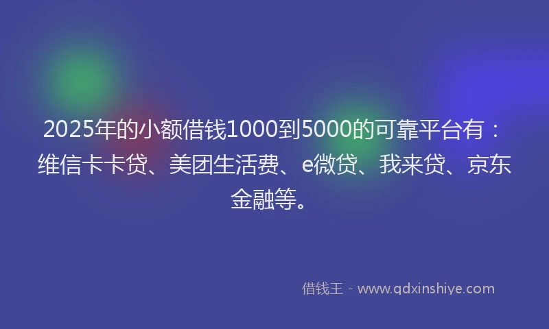 2025年的小额借钱1000到5000的可靠平台有：维信卡卡贷、美团生活费、e微贷、我来贷、京东金融等。