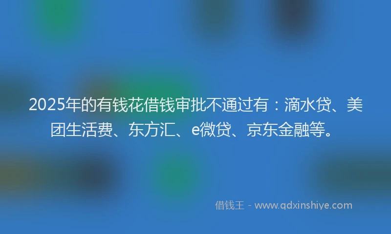 2025年的有钱花借钱审批不通过有：滴水贷、美团生活费、东方汇、e微贷、京东金融等。