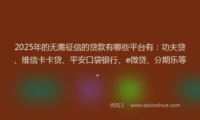 2025年的无需征信的贷款有哪些平台有：功夫贷、维信卡卡贷、平安口袋银行、e微贷、分期乐等。