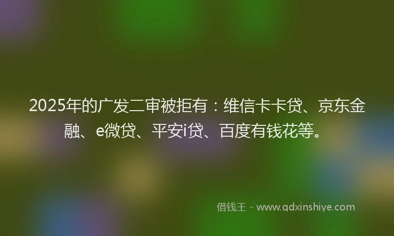 2025年的广发二审被拒有：维信卡卡贷、京东金融、e微贷、平安i贷、百度有钱花等。