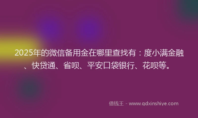 2025年的微信备用金在哪里查找有：度小满金融、快贷通、省呗、平安口袋银行、花呗等。