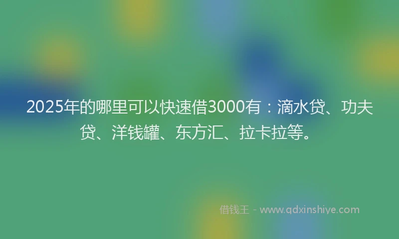 2025年的哪里可以快速借3000有：滴水贷、功夫贷、洋钱罐、东方汇、拉卡拉等。