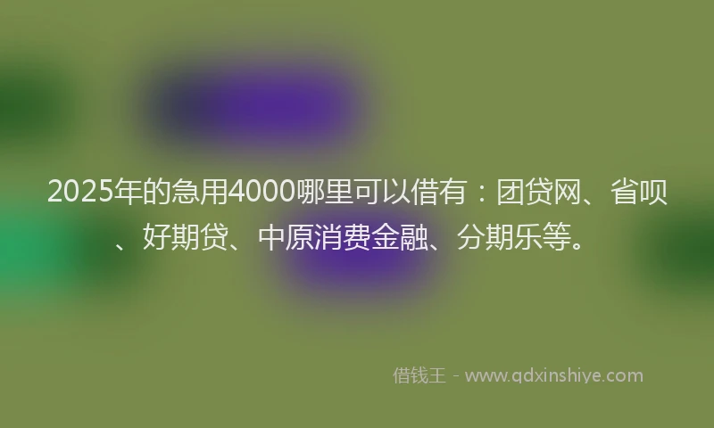 2025年的急用4000哪里可以借有：团贷网、省呗、好期贷、中原消费金融、分期乐等。