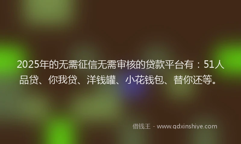 2025年的无需征信无需审核的贷款平台有：51人品贷、你我贷、洋钱罐、小花钱包、替你还等。