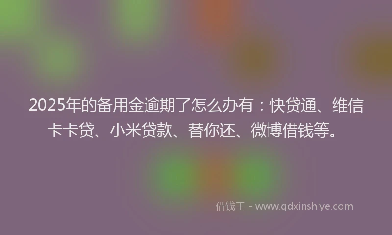 2025年的备用金逾期了怎么办有：快贷通、维信卡卡贷、小米贷款、替你还、微博借钱等。