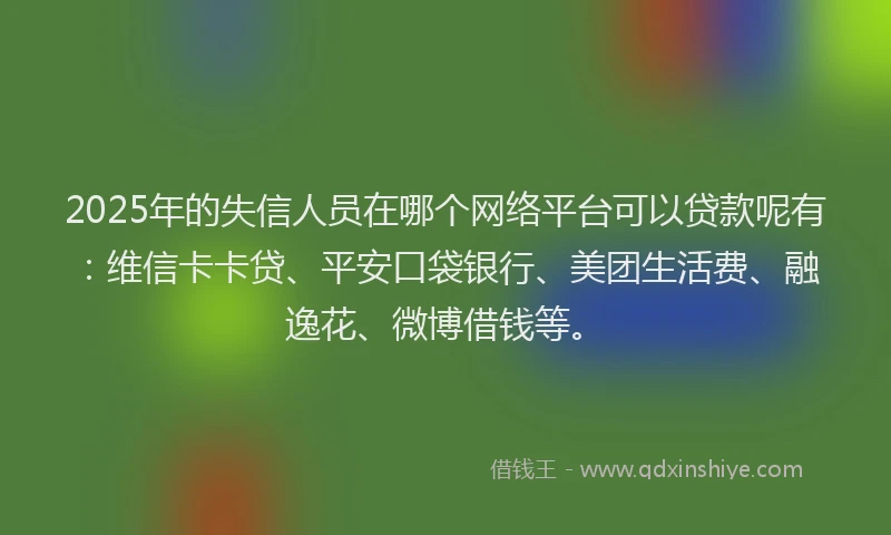 2025年的失信人员在哪个网络平台可以贷款呢有：维信卡卡贷、平安口袋银行、美团生活费、融逸花、微博借钱等。