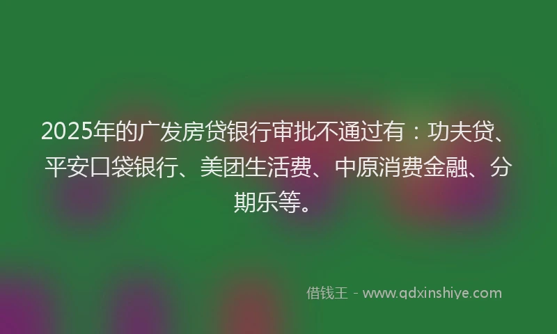 2025年的广发房贷银行审批不通过有：功夫贷、平安口袋银行、美团生活费、中原消费金融、分期乐等。