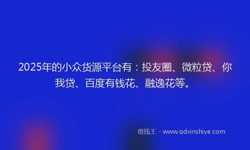 2025年的小众货源平台有：投友圈、微粒贷、你我贷、百度有钱花、融逸花等。