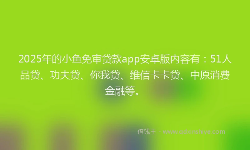2025年的小鱼免审贷款app安卓版内容有：51人品贷、功夫贷、你我贷、维信卡卡贷、中原消费金融等。