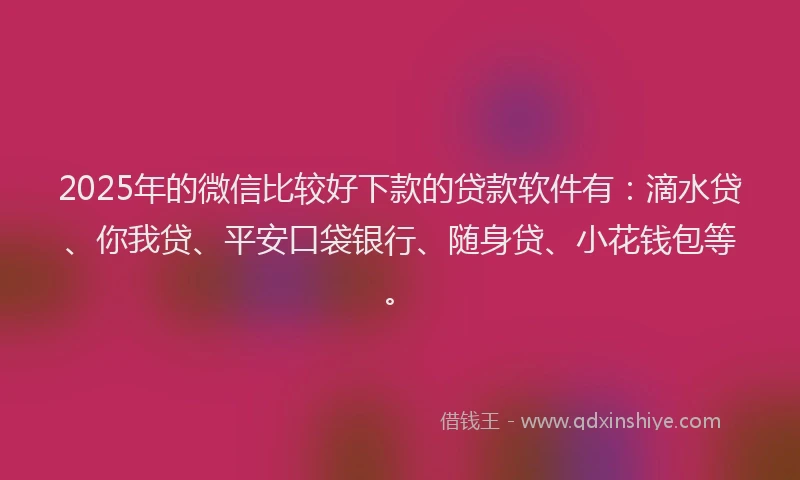2025年的微信比较好下款的贷款软件有：滴水贷、你我贷、平安口袋银行、随身贷、小花钱包等。