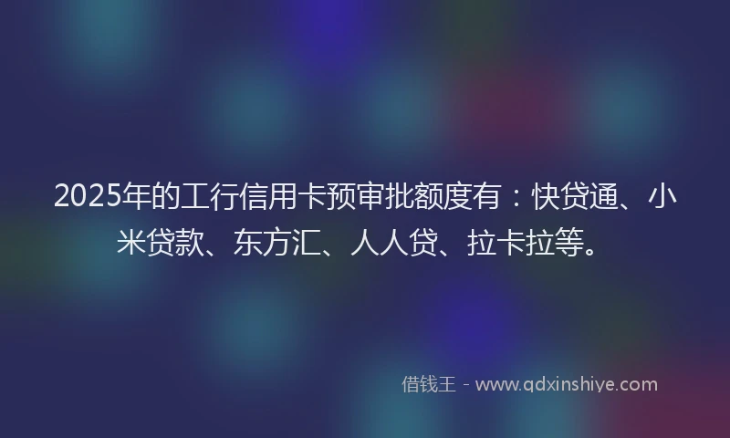 2025年的工行信用卡预审批额度有：快贷通、小米贷款、东方汇、人人贷、拉卡拉等。