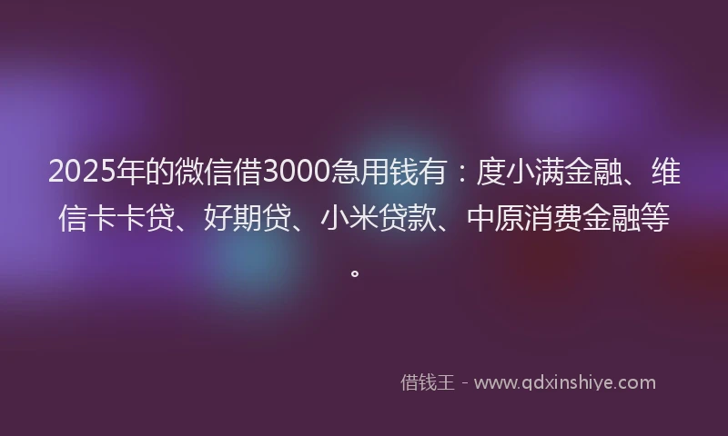 2025年的微信借3000急用钱有：度小满金融、维信卡卡贷、好期贷、小米贷款、中原消费金融等。