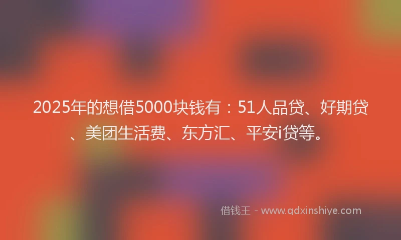 2025年的想借5000块钱有：51人品贷、好期贷、美团生活费、东方汇、平安i贷等。