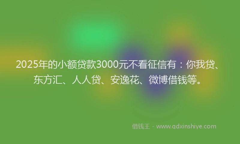 2025年的小额贷款3000元不看征信有：你我贷、东方汇、人人贷、安逸花、微博借钱等。