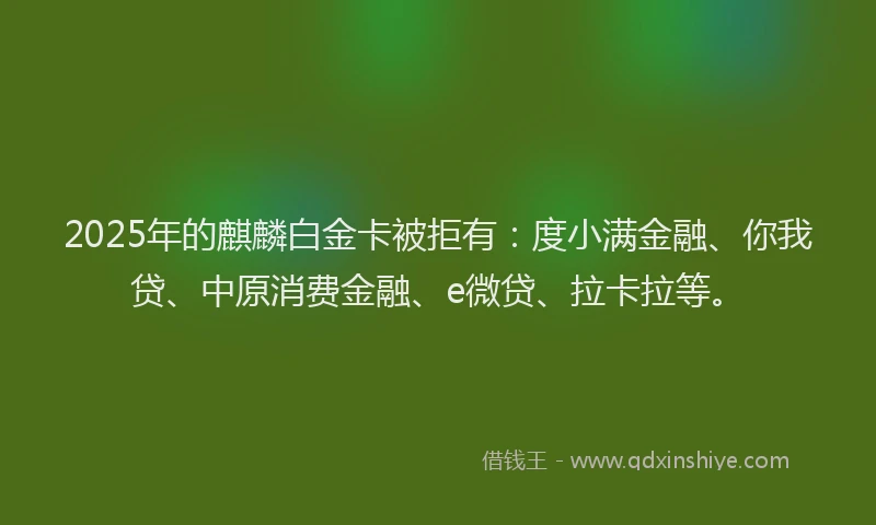 2025年的麒麟白金卡被拒有：度小满金融、你我贷、中原消费金融、e微贷、拉卡拉等。