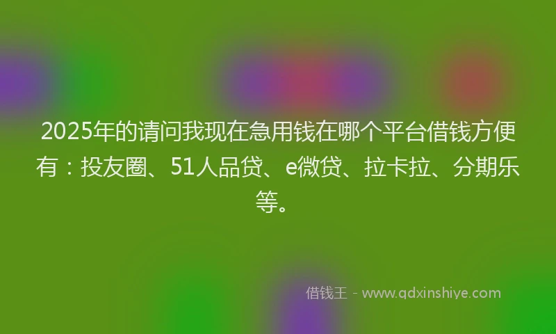 2025年的请问我现在急用钱在哪个平台借钱方便有：投友圈、51人品贷、e微贷、拉卡拉、分期乐等。