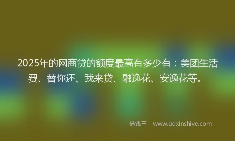 2025年的网商贷的额度最高有多少有：美团生活费、替你还、我来贷、融逸花、安逸花等。